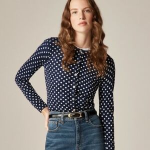 LOFT Cotton Preppy Navy and White Polka Dot Cardigan Size L
